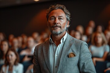 A distinguished man in a sleek suit captivates his audience with a charming smile, exuding confidence and sophistication indoors