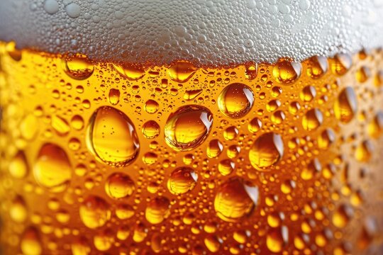 Capturing the effervescence of a chilled amber liquid, this close-up reveals the enticing depths of a refreshing beer in a clear glass container