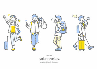 一人旅を楽しむ旅人たち　シンプルでお洒落な線画イラスト