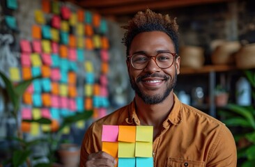 A joyful man adorned in glasses and colorful clothing, holds a pile of sticky notes, like a child with a beloved toy, in the comfort of an indoor space