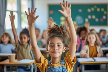 Fototapeta premium A young student beams with joy as she confidently participates in a lively class discussion, surrounded by the familiar walls of her state school classroom