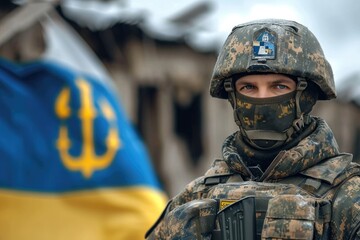 Obraz premium A stoic soldier stands tall in the great outdoors, his rugged uniform and protective gear reflecting the vast blue sky above