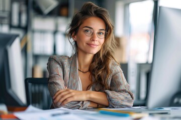 A confident woman sits at her desk, her arms crossed in determination, her face radiating strength as she reads the words before her