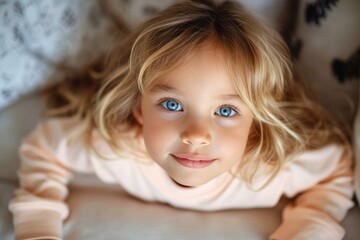 A radiant young child with golden locks and piercing sapphire eyes gazes confidently at the camera, her delicate features and soft skin captured in a stunning indoor portrait