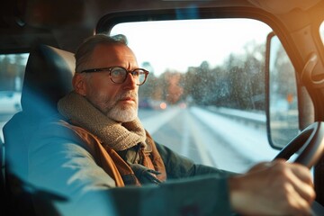 A bearded man in a winter coat gazes out the car window, lost in thought as he drives through the wintry landscape, his reflection staring back at him in the rearview mirror