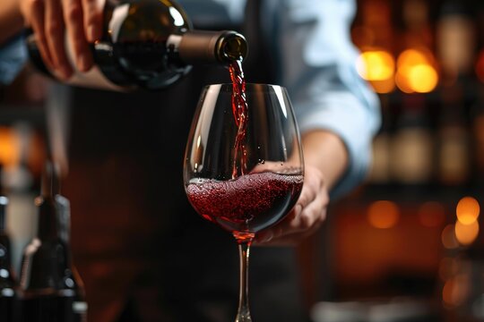 A refined person indulges in the rich flavors of red wine, carefully pouring it into a sparkling glass, as they enjoy the decadent ambiance of a bar adorned with champagne stemware and bottles of liq