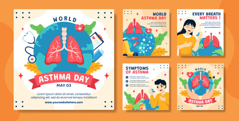 Asthma Day Social Media Post Flat Cartoon Hand Drawn Templates Background Illustration - obrazy, fototapety, plakaty