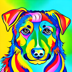 psychedelic bright neon colorful rainbow cartoon art of a golden retriever / labrador lab dog