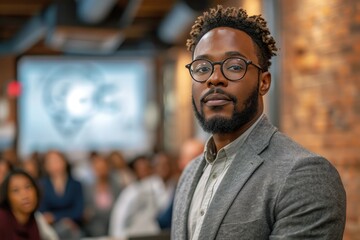 Obraz premium A stylish man with a distinguished beard and glasses stands confidently indoors, his grey blazer adding a touch of sophistication to his ensemble