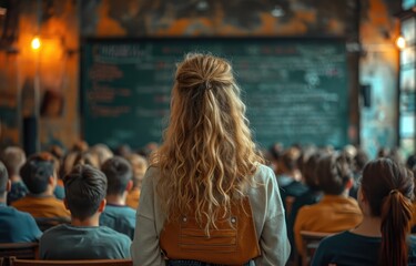 Fototapeta premium A woman sits in a crowded classroom, her face full of determination as she learns among the bustling streets and bustling minds of her fellow students