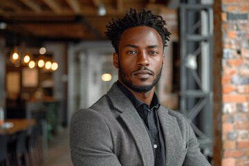 A sharply dressed man stands confidently against a sleek building, his face exuding determination and success as he surveys his surroundings