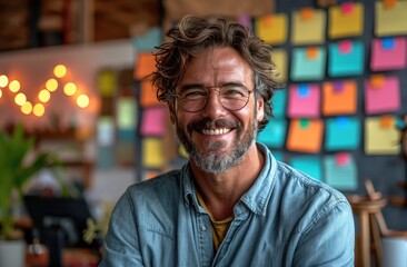 Fototapeta premium An effortlessly charming man with a well-groomed beard and stylish glasses smiles confidently at the camera in front of an indoor wall adorned with plants