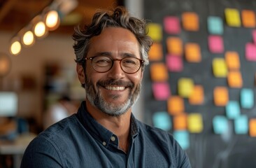 Fototapeta premium A cheerful man with a bushy beard and glasses exudes warmth as he smiles at the camera, his clothing and indoor setting adding to his approachable demeanor against the textured wall