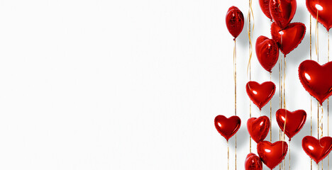 Creative composition made of a bunch of red heart balloons isolated on a white background. Minimal...