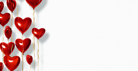 Creative composition made of a bunch of red heart balloons isolated on a white background. Minimal...