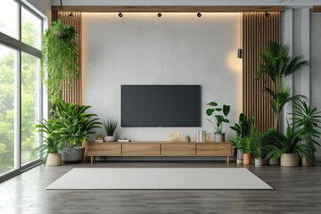 A cozy indoor sanctuary filled with lush houseplants, a large tv screen, and stylish furniture, all surrounded by a wall of windows showcasing the beautiful interior design of this plant-filled room