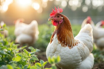 Fototapeta premium A majestic rooster stands proudly in a lush green field, its vibrant red comb and feathers contrasting against the calm surroundings of its outdoor home