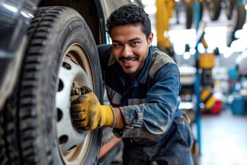 A mechanic carefully inspects the tread of a tire, his focused expression mirrored in the synthetic rubber as he works diligently to keep vehicles safely grounded - obrazy, fototapety, plakaty