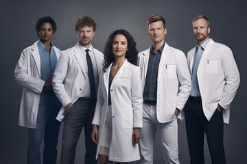 Fototapeta premium A collective image of health analysts, doctors, and medical personnel in lab coats, reflecting a dedicated and unified team committed to healthcare excellence. Generative AI.