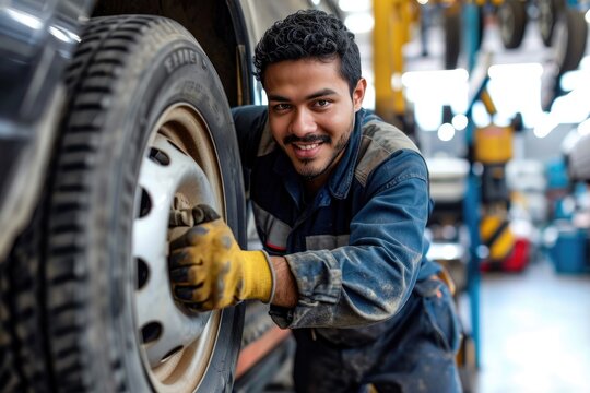 A mechanic carefully inspects the tread of a tire, his focused expression mirrored in the synthetic rubber as he works diligently to keep vehicles safely grounded