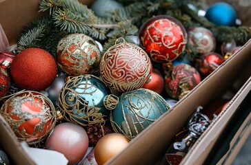 Fototapeta na wymiar Assorted Christmas Ornaments Box - A Collection of Festive Decorations