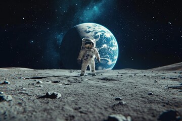 A lone astronaut gazes at the vastness of outer space, standing on the barren moon's surface as the...