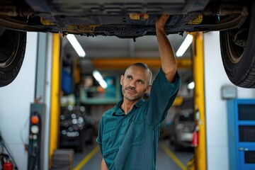 A blue-shirted man contemplates his busy day as he works on a car under the shelter of an indoor garage, his human face showing determination and focus amidst the chaos of the bustling city bus passi