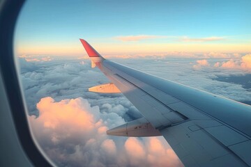 Fototapeta premium A magnificent airplane wing glides through the vibrant sky, carrying passengers on a journey of adventure and wonder amidst the billowing clouds and setting sun