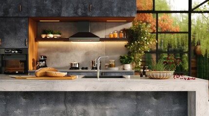 A cozy kitchen with a cluttered countertop and a rustic wall, complete with modern kitchen appliances, a sleek sink, and a bountiful basket of food