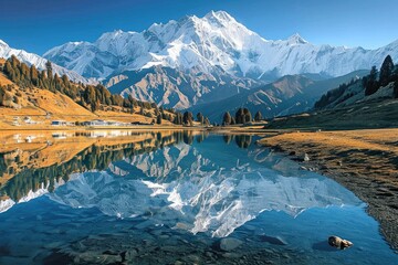 Immerse yourself in the majestic beauty of a glacial lake nestled beneath a snow-capped mountain range, its tranquil waters reflecting the rugged wilderness and vast expanse of the alps