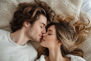 A couple lost in each other's embrace, sharing a tender kiss on a cozy indoor blanket, their skin touching in a display of pure love and comfort