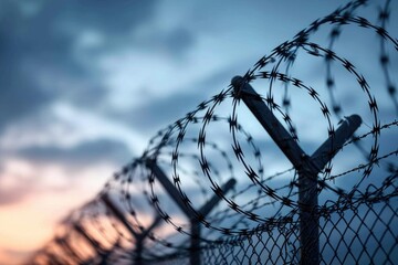 Confinement and freedom clash as the cloudy sky looms over the sharp edges of barbed wire and chainlink fencing in the great outdoors