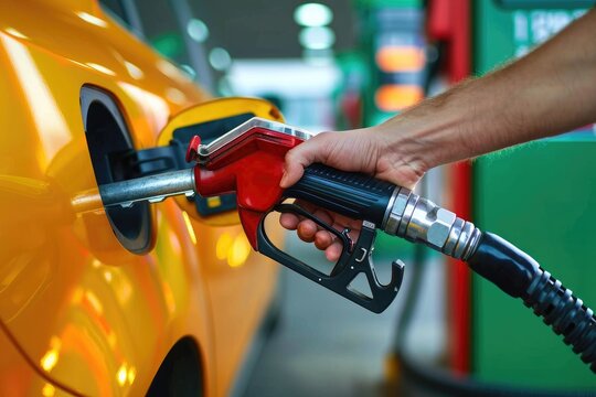 A person fills their vehicle with gas at a bright, outdoor gas pump, with a bicycle wheel in the background