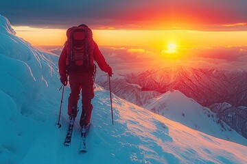 A lone mountaineer stands atop a snowy peak, gazing at the breathtaking arctic sunset while gripping their trekking pole and ski equipment, ready to conquer the frozen piste with a sense of adventure