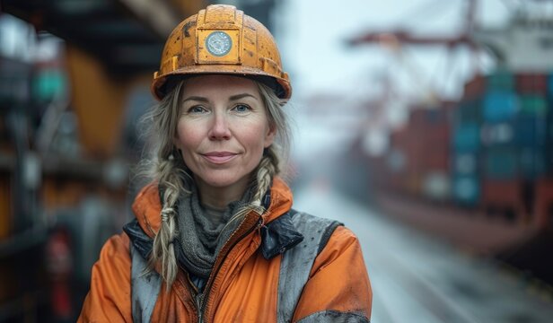 A young woman confidently dons her blue hard hat and jacket as she prepares to take on the city streets as an engineer, embodying the hardworking spirit of a bluecollar worker in her bright orange wo