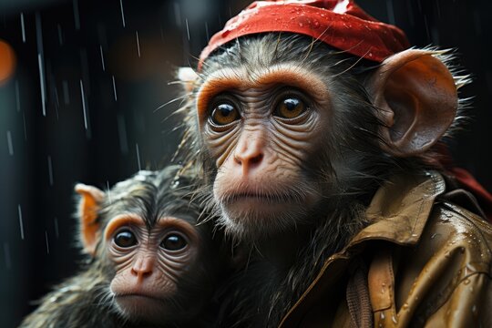 A mother macaque shelters her wrinkled baby simian under a red hat, as they brave the pouring rain with the resilience of primates