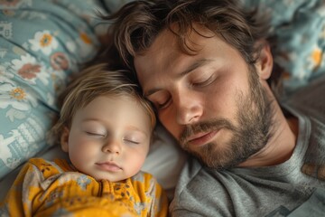 A peaceful moment of paternal love captured as a man and his baby boy slumber side by side, their skin touching in perfect harmony, surrounded by the coziness of their indoor haven