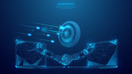 Virtual handshake business concept illustration via laptop screen. Blockchain technology agreement low poly style.