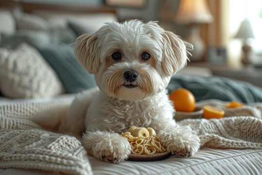 A fluffy cavachon puppy, belonging to a loving family, rests contently on a cozy bed covered in delicious treats