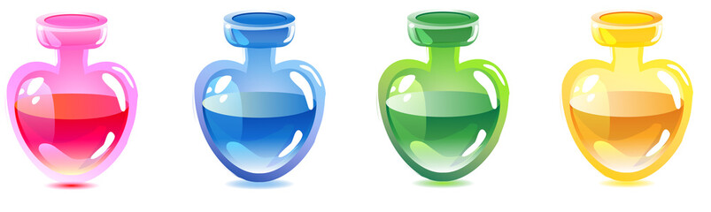 3D love potion with cartoon love glass different colors, perfect for game icon or asset - obrazy, fototapety, plakaty