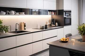 Modern White Kitchen Design: Clean and Elegant Interior with Luxury Furniture and Appliances - obrazy, fototapety, plakaty