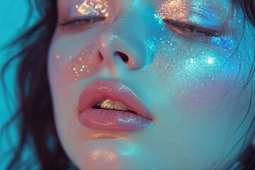 A glimmering transformation of a woman's face, adorned with cosmetics and glitter, radiating beauty and confidence - obrazy, fototapety, plakaty