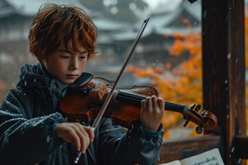 A young boy's passion for music is captured in a beautiful outdoor scene as he skillfully plays his...