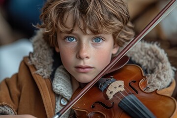 A young violinist, with curly hair and a determined expression, holds his instrument tightly as he...