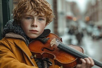 A young boy stands proudly, his hair tousled in the wind, holding a violin as he prepares to fill the world with the sweet melodies of classical music