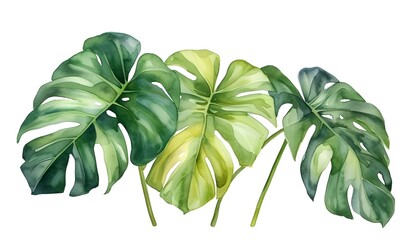 Green monstera tropical leaves watercolor illustration, isolated