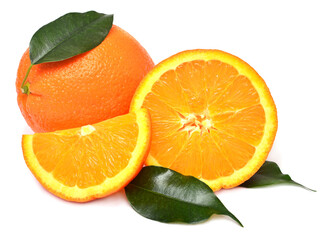 Collection orange fruit whole and half with leaves isolated on white background