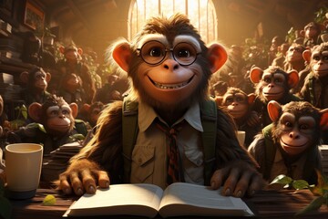 A scholarly simian indulges in the joy of reading at an indoor festival, donning glasses and embracing human-like qualities