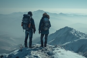 Two intrepid mountaineers brave the wintry elements, standing atop a rugged peak surrounded by breathtaking glacial landscapes, equipped with hiking gear and guided by their passion for adventure