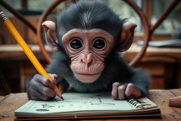 A curious primate explores its creative potential, carefully scribbling on a notebook with a pencil in hand, as it learns to express itself in the comfort of an indoor sanctuary